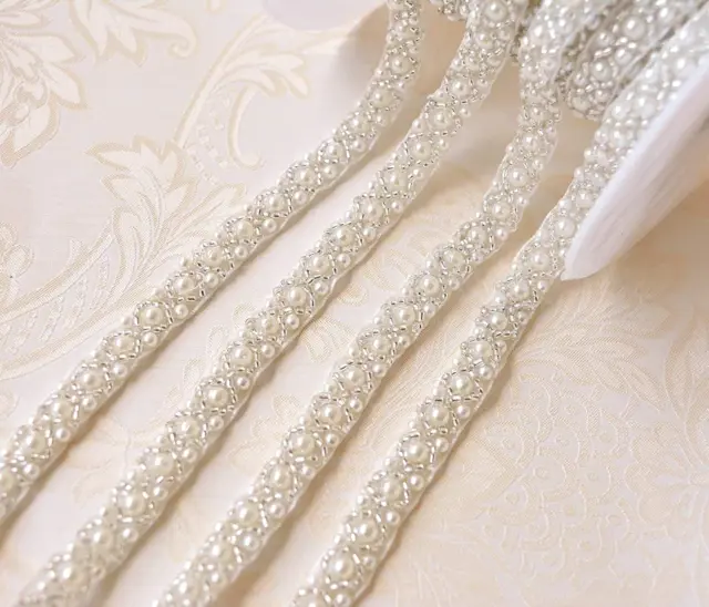 2 Yards Pearl Beaded Trim Bridal Lace Ribbon Trimming Edge Tape for Craft Sewing