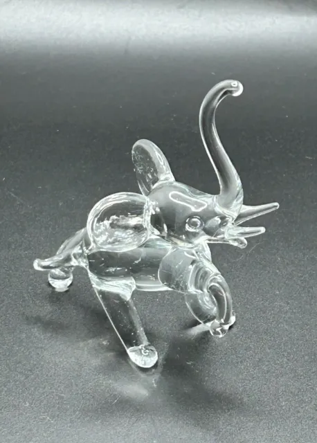 VINTAGE 3.75” Clear Hand Blown Glass Elephant Minature Figurine