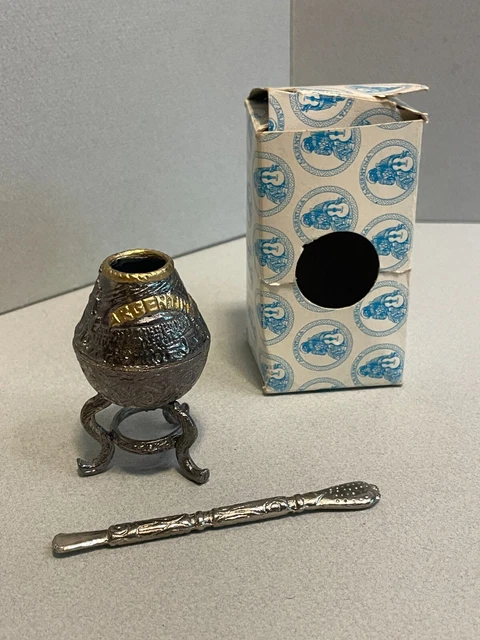 Vintage Tea Gourd Cup Argentina Alpaca Metal 2 5/8" H and 3 3/4" straw