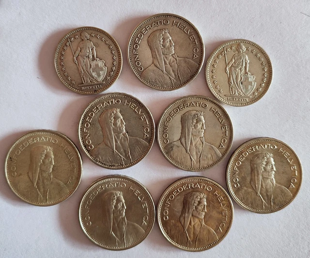 Monnaies Suisse En Argent, Lot de 9 Pièces