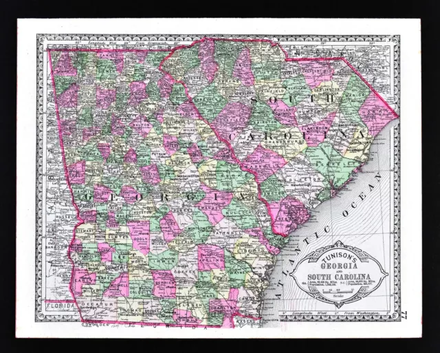 1886 Tunison Map Georgia South Carolina Atlanta Charleston Savannah Athens