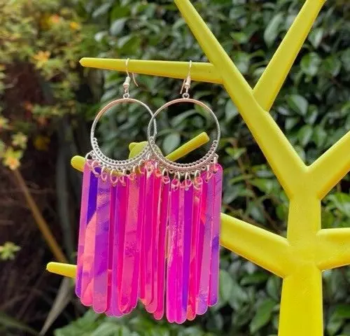 HOLOGRAPH SEQUIN HOOPS HOT PINK festival rave statement silver plated large