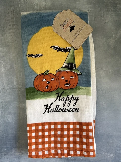 Set of 2 Halloween Sweet Street  Kitchen Dish or Hand Tea Towels 100% Cotton NEW