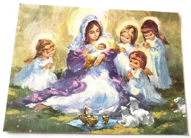 Vintage Christmas Card Mary and Baby Jesus with Angels and Lambs