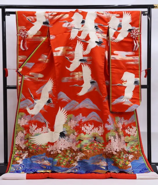 Uchikake kimono Japan Colored Silk, Used, Red, Double Layered, Flying Crane, Con