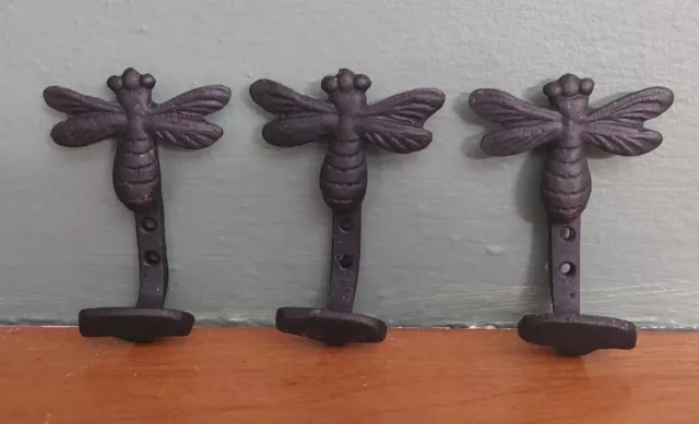 Vintage Cast Iron Bee Wall Hooks Black Set of 3