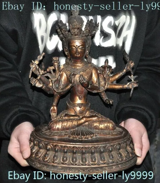 12.4" Tibet bronze gilt 3 Head 8 Arms Namgyalma & Ushnishavijaya Buddha Statue