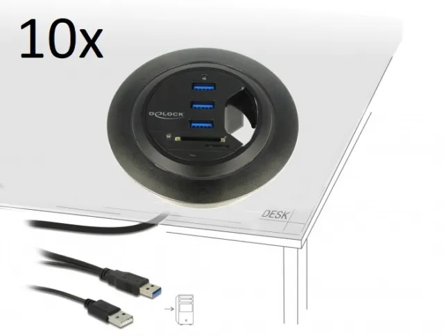 10x DeLOCK In-Desk Tisch-Hub Moyeu 3 Port USB 3.0 Type + 2 Fente Carte SD