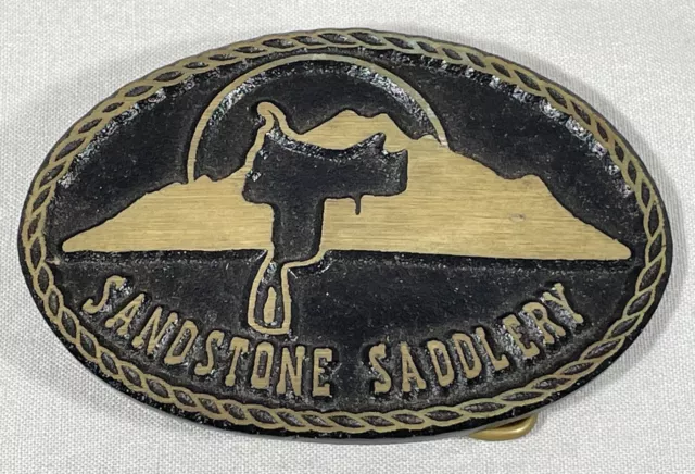 SANDSTONE SADDLERY Solid Brass Belt Buckle 3.5” Nice, Mountain, Saddle, Utah