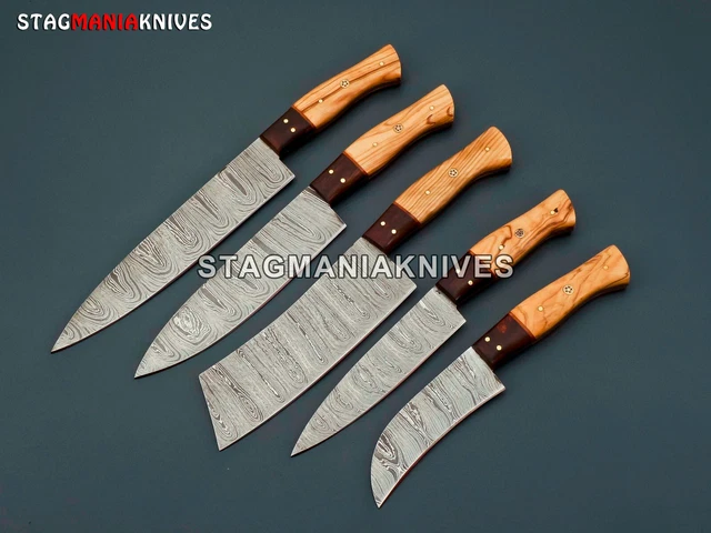 Hand Made Damascus Steel Chef Set 5-Pcs With Leather Roll Kit Best Gift For Wife