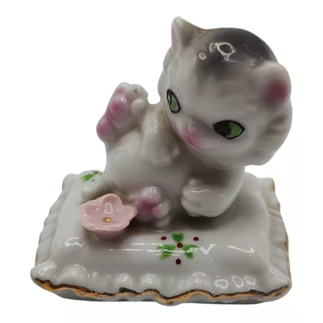 Vintage Cat Porcelain Figurine Flowers Kitten On Pillow Figurine Japan Empress