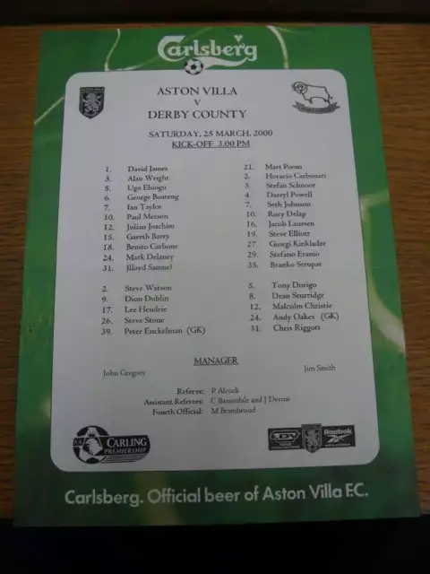 25/03/2000 Colour Teamsheet: Aston Villa v Derby County (folded)