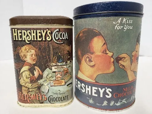Lot  2 Vintage Hershey's Chocolate Cocoa & Kisses Tin Cans Made In England & USA