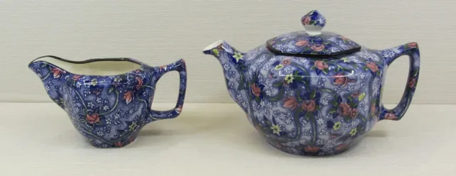 Ringtons Chintz Teapot Blue & Milk Jug Floral Fine China Exclusive Chintz Design