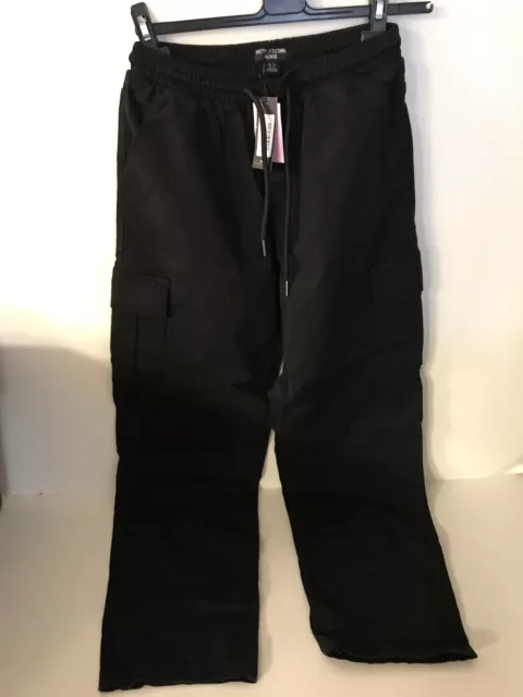 pretty little thing petite black tie waist straight leg cargo trousers, uk size