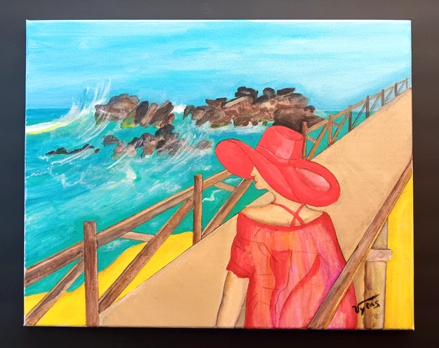 LADY RED DRESS sunset portrait hand painted acrylic canvas girls room art  decor 26.70 - PicClick UK