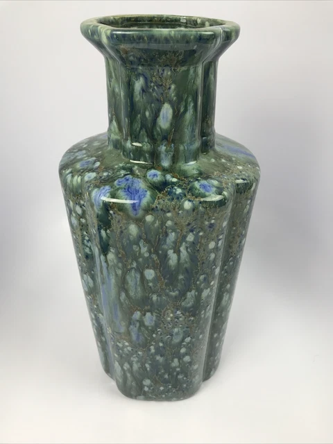 Artist Signed Ceramic Vase Hand Painted Dapple Teal Blue Gold Veins 14" Fluted