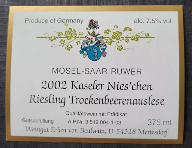 Weinetikett 2002 Kaseler Nies'chen Riesling Trockenbeerenauslese MOSEL-SAAR