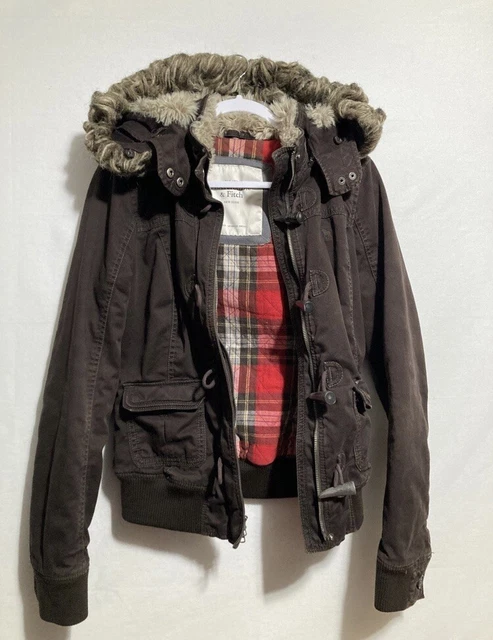 Girls Abercrombie & Fitch L Canvas Winter Parka Coat Fur Trim Hood Zip Large