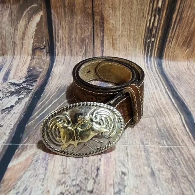 Nocona Western Belt Sz 20 Brown Embossed Leather Unisex Bull Ride Rodeo Buckle
