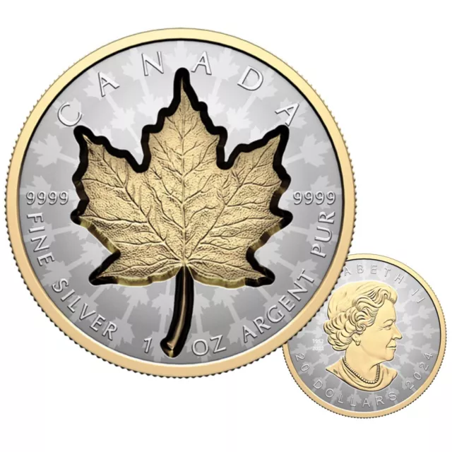 2024 Canada $20 Super Incuse Maple Leaf SML Pure Silver Coin with Gold Plating