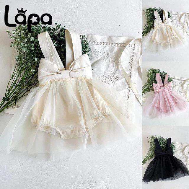 Newborn Baby Girls Lace Mesh Bow Romper Dress One Piece Bodysuit Strappy Dresses