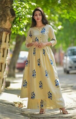 Indian Beige Blue Floral 100%Cotton Palazzo Kurti Sets Women' Clothing Dress UK