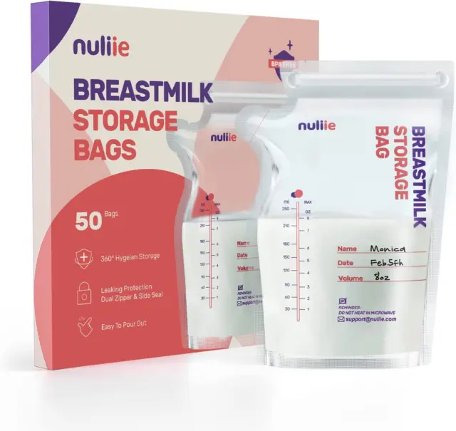 Nuliie 50 Pcs Breast Milk Storage Bags, 250ml BPA Free for Fridge or Freezer Use