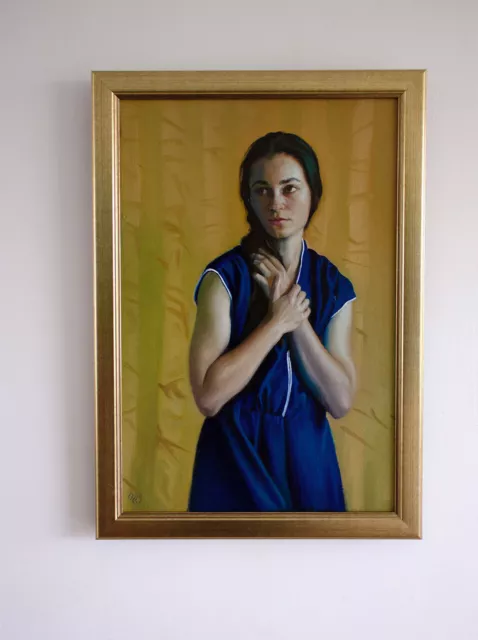 Original Framed Oil Painting Female Girl portrait brunette woman in a blue dress