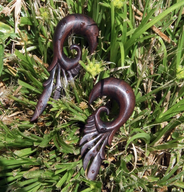 Pair Handmade Organic Dark Wood Robot Mecha Feather Wings Ear Gauge Plugs 6G-1/2 3