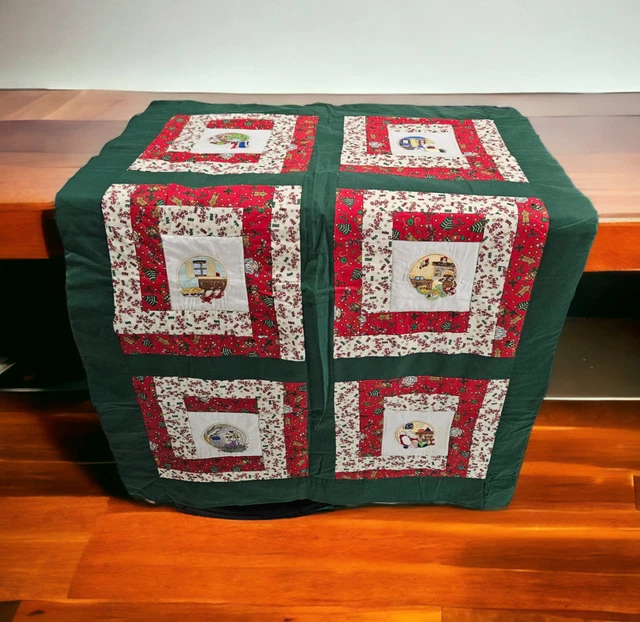 VTG Christmas Handmade Lap Quilt Patchwork  52x36"  Beautiful Embroided Scenes
