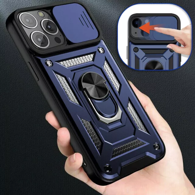 For iPhone 13 14 Pro Max Case Shockproof Camera Lens Slide Ring Kickstand Cover