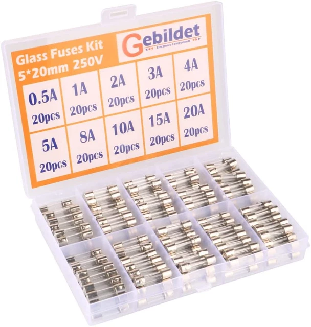 Assorties Kit De 200 Pcs Fusible Verre, 5X20Mm Cartouche En Verre Fuse, Coup Rap