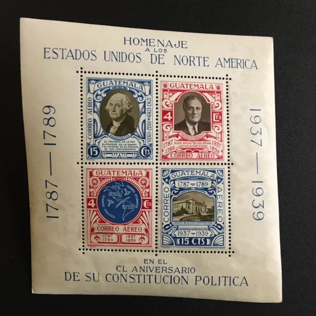 Guatemala Airmail 4 Souvenir Stamp C92  Sheet 150 Ann US Constitution FDR 1938
