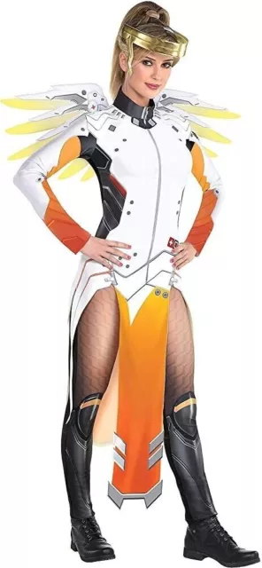 Overwatch Mercy Costume Small 2-4 Catsuit Gold Halo Headband & Wings New