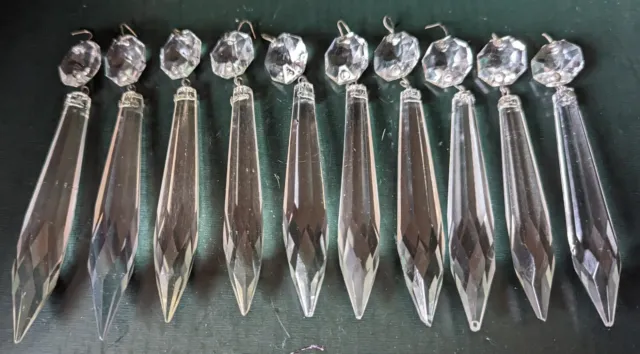 10 VGC 9.5cm Vintage Chandelier Glass Icicle Drops & Bead Spares Xmas Decoration