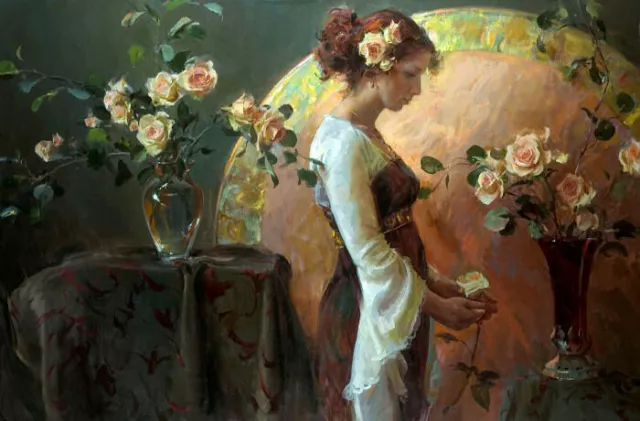Hand painted art Oil painting portrait Young lady with roses flowers canvas 36"