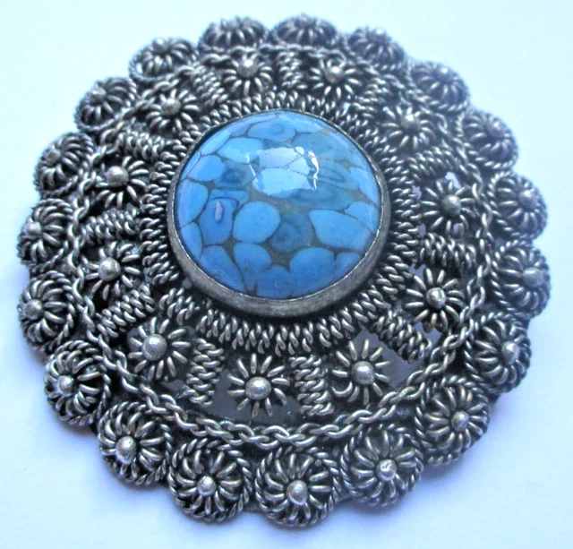 Broche Pendentif Fleur Vintage Argent Avec Pierres De Lune - Bijou Ancien, Parfait état