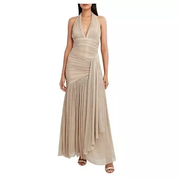 NWT BCBGMaxAzria Women Pleated Metallic Halter Gown V Neck Sleeveless Gold  XS