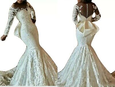 Royaume-Uni Sheer cou blanc/ivoire sirène manches longues dentelle robes de mariée Taille 6-18 