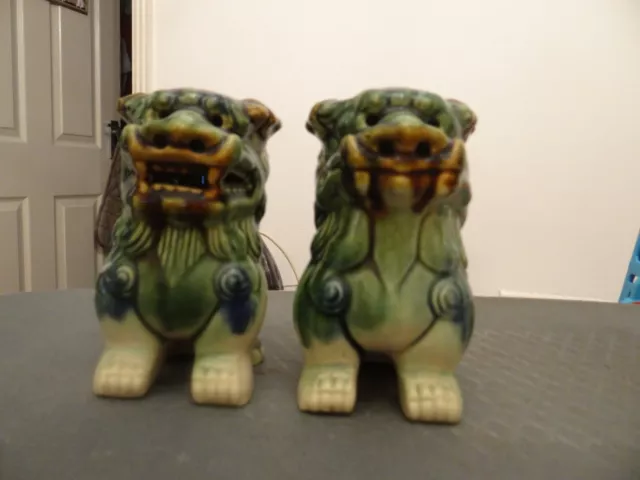 A Beautiful Pair of Vintage hand painted Green and Blue ceramic Foo Dogs.