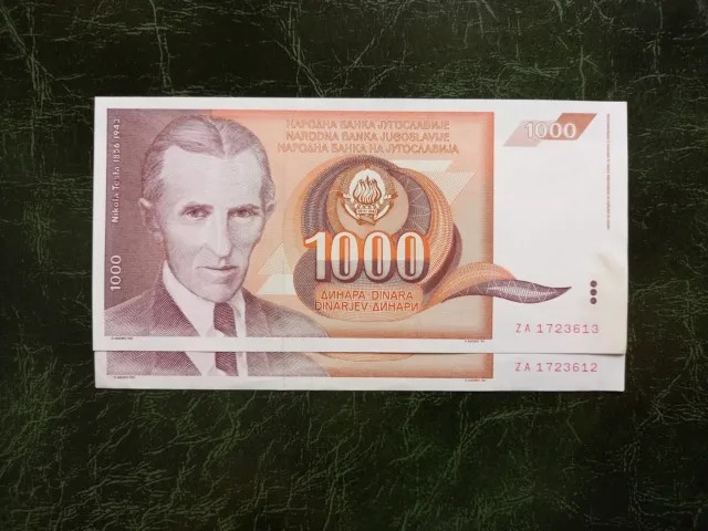 YUGOSLAVIA 1000 Dinara 1990 Tesla, prefix ZA, 2 pcs