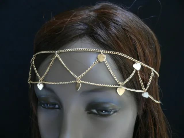 Nuevo Mujer Pequeño Metal Dorado Corazones 2 Filas Cabeza Cadena Joyería de Moda