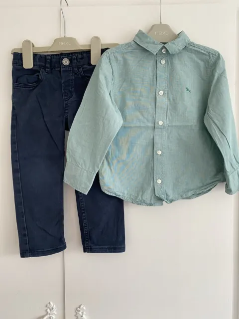 Boys 2-3 Years H&M Smart Outfit Trousers Shirt Dinosaur Blue Green