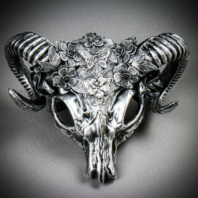 SILVER ANTELOPE DEVIL Skull Ram Horns Masquerade Mask Cosplay Halloween
