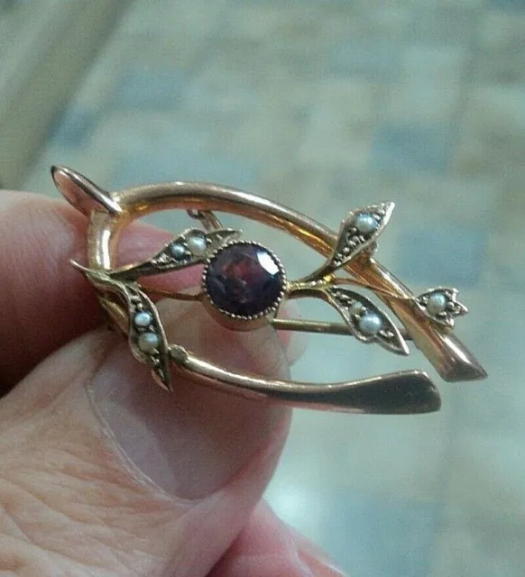 Edwardian 9ct Rose Gold Amethyst & Pearl Floral Wishbone Brooch h/m 1909 Chester