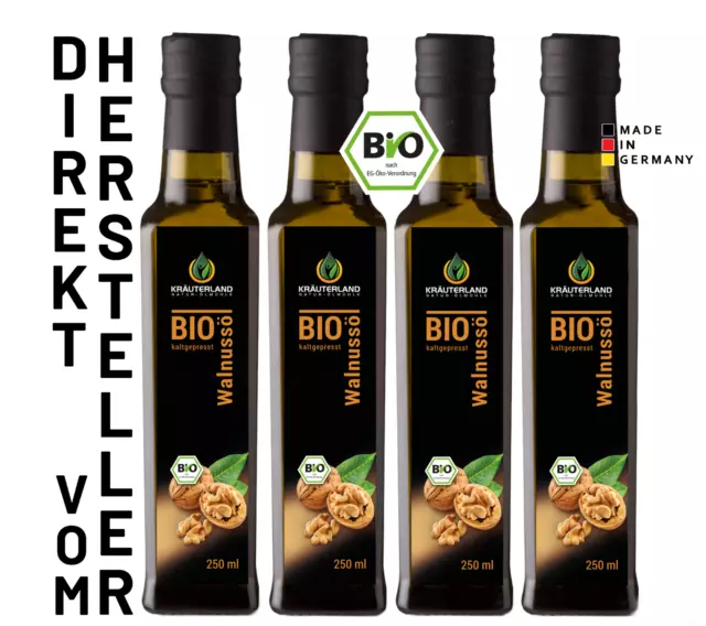 Bio Walnussöl 4x 250ml (1000ml) - nativ, kaltgepresst, vegan, nussig aromatisch