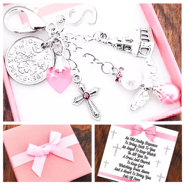 1ST HOLY COMMUNION Gift SIXPENCE, KEYRING, ANGEL,CROSS,GIRL/BOY, Gift Box & Card