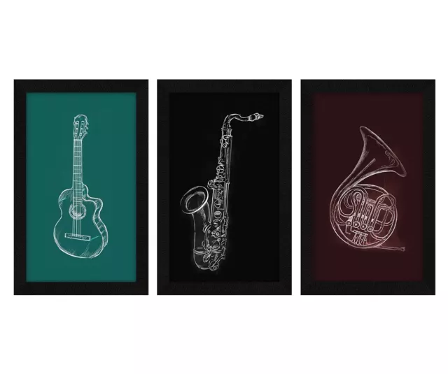 Music Instruments Wall Art Painting, Framed Poster for Decor 8.5 X 13 Set of 3