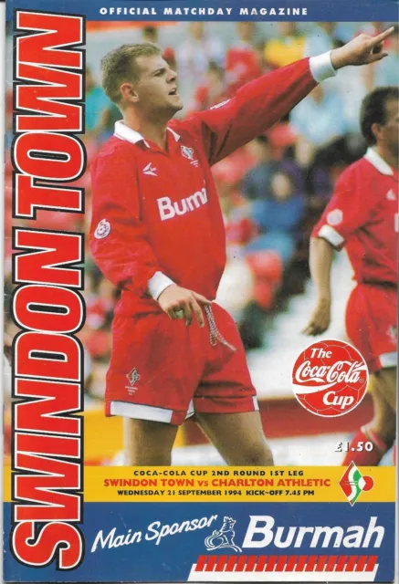 Football Programme - Swindon Town v Charlton Athletic - League Cup - 21/9/1994